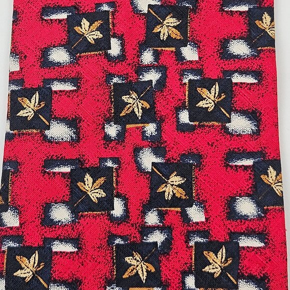Nordstrom Silk Tie By J Z Richards Red Navy Gold Leaf Pattern Hand Crafted - Picture 6 of 7